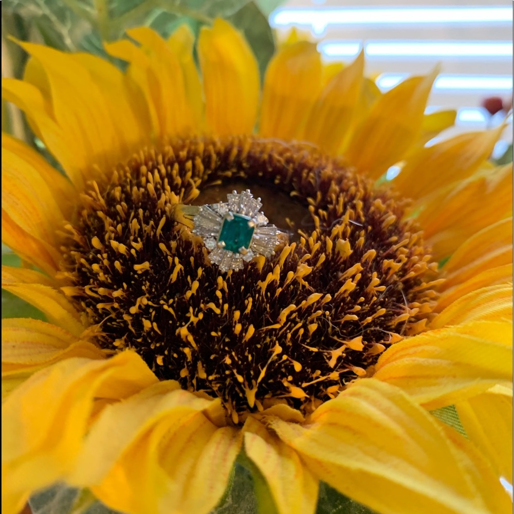 Platinum Emerald Diamond Cluster Ring